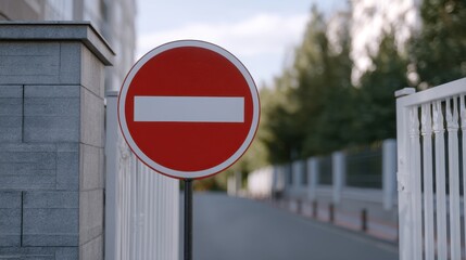 Red Circular No Entry Sign with White Horizontal Bar on Roadside in Urban Environment