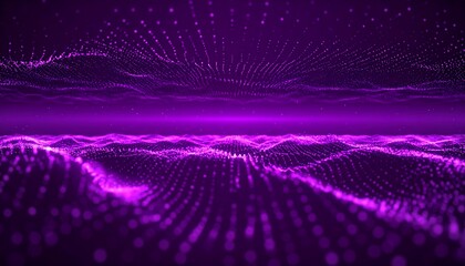 A dark, glowing, violet digital landscape with undulating dotted patterns, a horizon, and a sense of depth