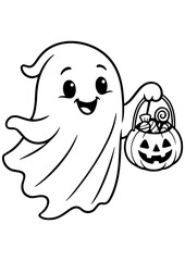 Black and white vector of a cute ghost holding a pumpkin candy basket, perfect for Halloween, engraving, engrave laser, prints, and creative projects