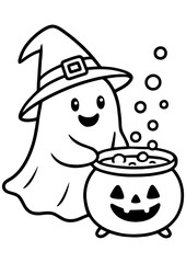 Black and white vector of a witch ghost brewing in a cauldron with bubbles, perfect for Halloween, engraving, laser cutting, prints, and creative projects
