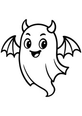 Black and white vector of a cute demon ghost with horns and wings, perfect for Halloween, engraving, laser cutting, prints, and creative projects