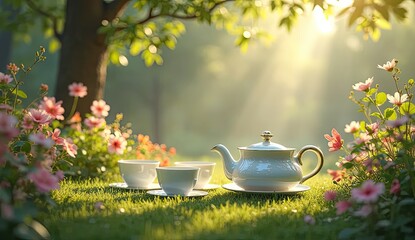 Serene garden tea party with delicate flowers and warm sunlight creating peaceful ambiance
