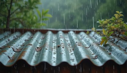 Gentle rain falling on a weathered corrugated roof, lush green foliage in the background creates a calming natural scene