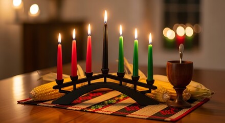 Kwanzaa arrangement with lit candles, kinara, corn and unity cup setting