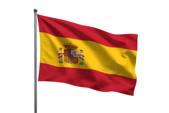 A waving Spanish flag with a pole in a patriotic display of Spain