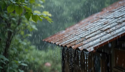 Gentle rain cascades over an old corrugated roof, creating a peaceful, natural atmosphere.
