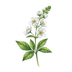 A delicate white flowering plant with green leaves, isolated on a white background