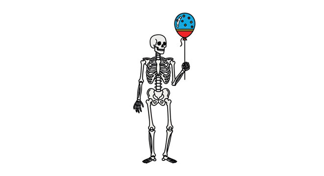Cartoon Skeleton Holding a Birthday Balloon.