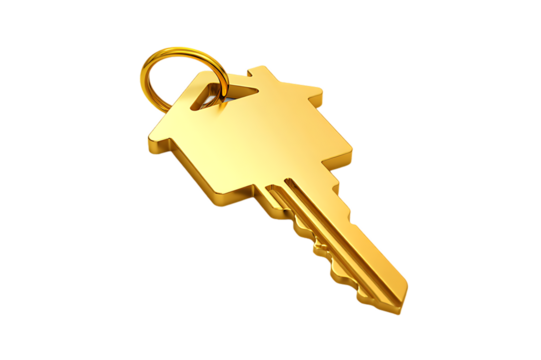 gold house and gold key, on a transparent background, 3d render