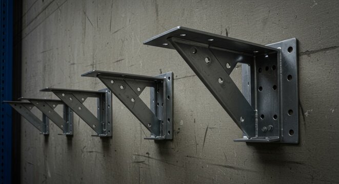 Set of metal wall brackets on a textured concrete wall, industrial and architectural support elements