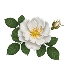 Obraz premium White rose flower with green leaves and bud isolated on white background