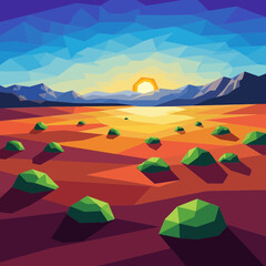 Landscape with rocks sunset sky mountains and water illustration digital art.