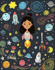Cute girl astronaut in a galaxy of stars and planets