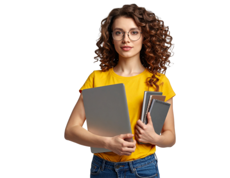  Young woman with curly hair in yellow t-shirt holding laptop with coffee cup and notebooks, student lifestyle PNG