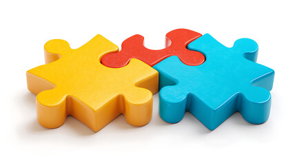 Obraz premium Three colorful puzzle pieces interlock, symbolizing connection and collaboration on a white background.