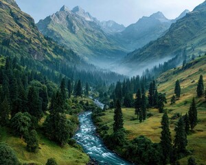 A mountain valley with a river shaped like a peace sign, early morning mist