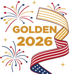 Fototapeta premium Golden 2026 text with usa flag ribbon wrapped around design