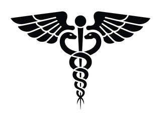 A clean black silhouette of the Caduceus medical symbol, featuring two snakes wrapped around a winged staff, isolated on a white background