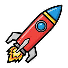 Cartoon style rocket ship with flames isolated on white background.