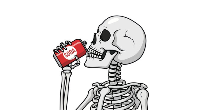 Cartoon Skeleton Drinking Soda from a Red Can.