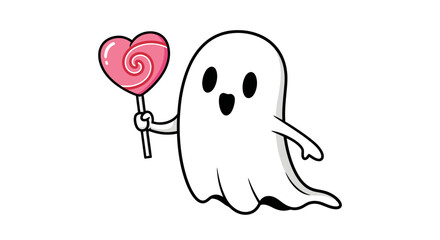 Fototapeta premium A cute cartoon ghost character holding a pink heart-shaped lollipop.