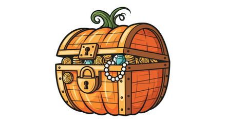 Whimsical Pumpkin Treasure Chest Overflowing with Jewels and Coins. © Leo