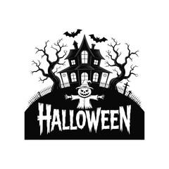 Haunted House with Scarecrow and Bats Halloween Illustration