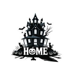 Haunted House with Pumpkins and Cats Halloween Illustration