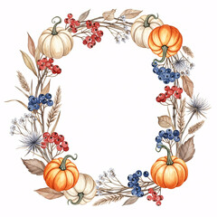Fototapeta premium Autumn harvest wreath with pumpkins, berries, and dried flowers, isolated on white background