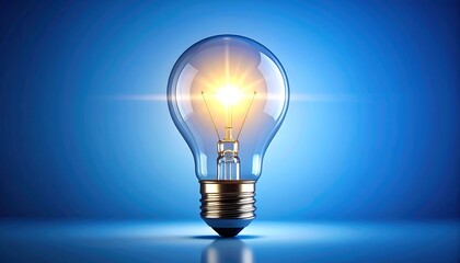 A bright, glowing lightbulb against a graduated blue backdrop. The glass is clear, revealing a lit filament