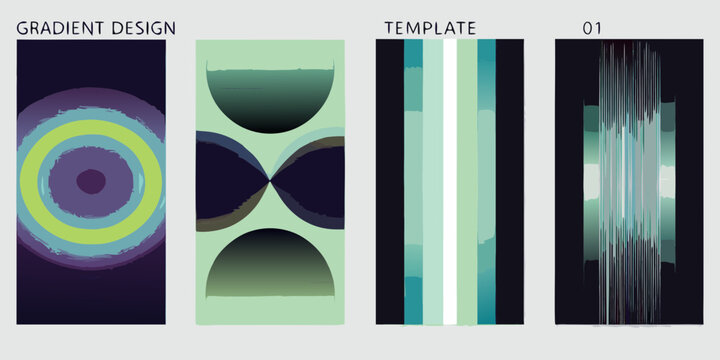 Abstract gradient designs and templates with geometric shapes and vertical stripes