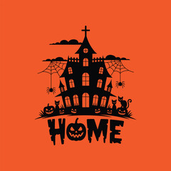 Haunted House with Pumpkins, Cats, and Spiders – Halloween Illustration