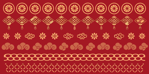 Traditional chinese decorative elements including lanterns flowers clouds and geometric patterns on a red background