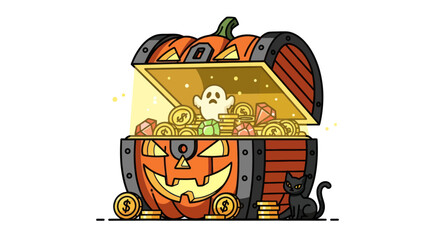 Spooky Halloween Jack-o-lantern Treasure Chest Filled with Gold Coins and a Ghost. © Leo