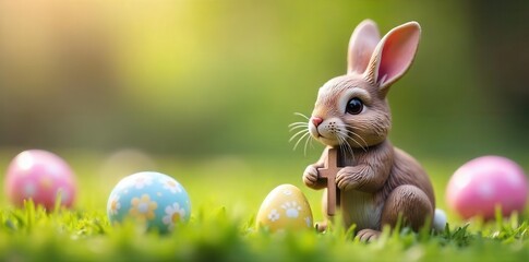 A brown bunny holds a wooden cross amidst decorated Easter eggs on green grass