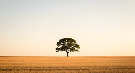 Lone Green Tree Stands Tall in Golden Wheat Field Under a Clear Sky symbolizing growth and resilience