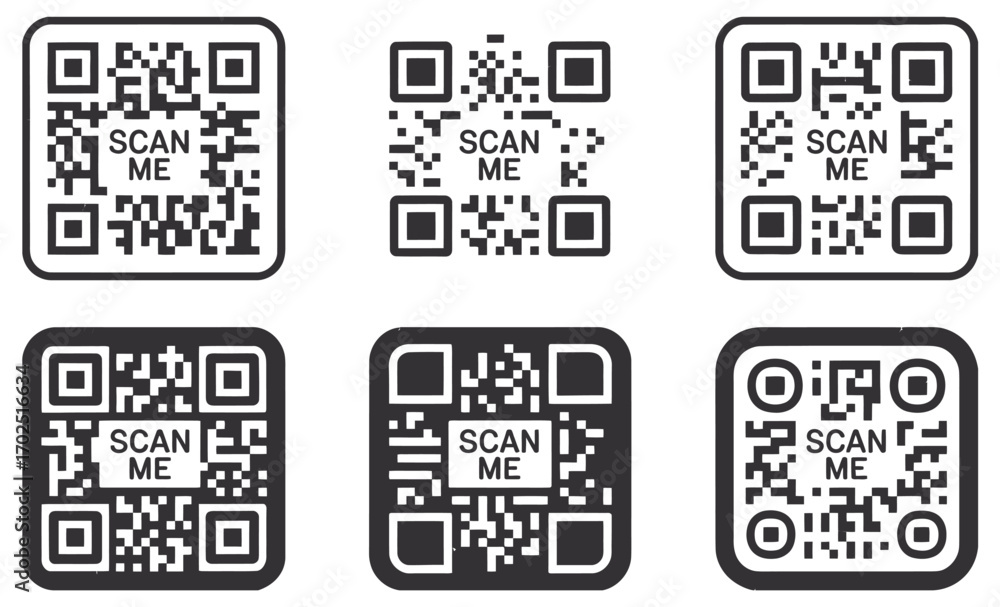 Fototapete set of various 'scan me' quick response code templates, a collection of vector icons for mobile scan