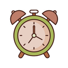 Cute green and brown cartoon alarm clock illustration with twin bells round face and small legs.