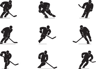 Collection of nine hockey player silhouettes in action silhouette