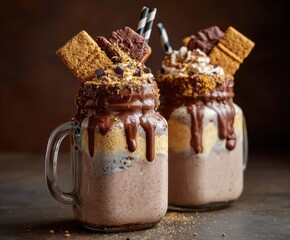 Close up view freakshake in mason jar on brown table. Freaked milkshake with chocolate, biscuit cookies and sugar sprinkling.