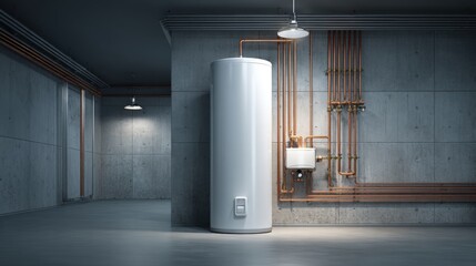 Water Heater Installation in a Modern Utility Room with Copper Piping and Industrial Design