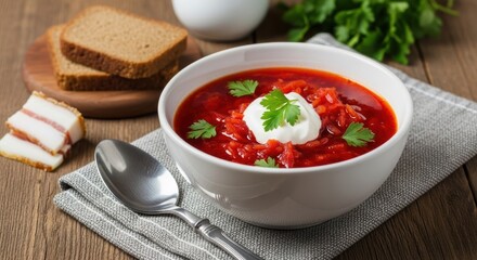Delicious homemade borscht soup with sour cream and cilantro garnish on wooden table