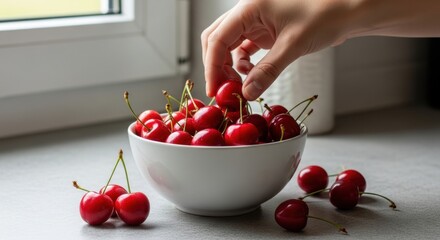 Hand picking fresh cherries from a bowl by the window