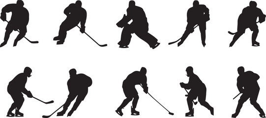 Collection of hockey player silhouettes in action silhouette