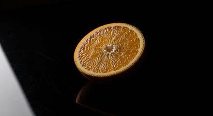 Fresh half orange on dark background - juicy citrus in dramatic lighting