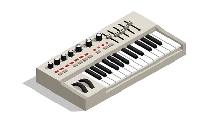 Isometric Illustration of an Electronic Synthesizer Keyboard with Control Knobs and Faders