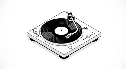 Isometric Black and White Illustration of a Turntable with Vinyl Record