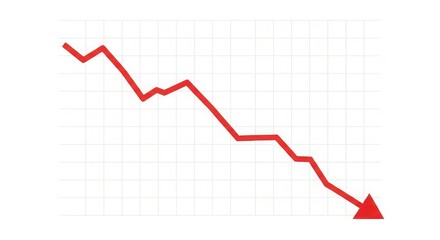 Stock market crash graph with a red arrow isolated on white background
