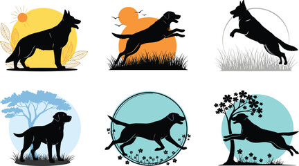 Dog silhouette vector set with German Shepherd, Labrador, Border Collie, running and standing poses, nature background, sunset, tree, and decorative design