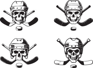 Four hockey skull silhouettes with crossed sticks and puck